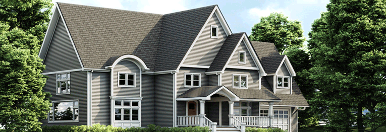 home exterior with gray roofing and siding that alternates between multiple colors